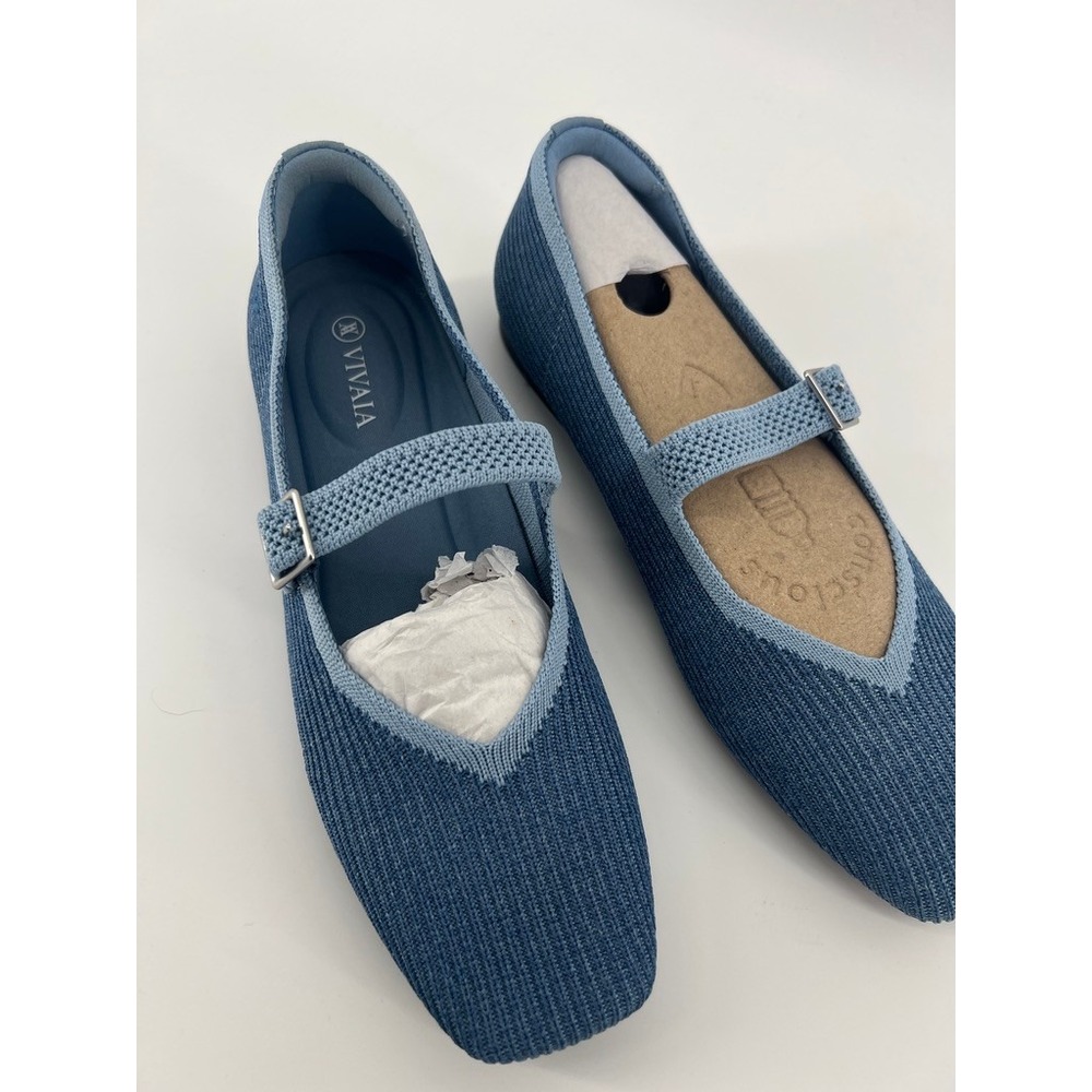 Vivaia Margot 2.0 Denim Blue Knit Square Toe Mary Jane Flats Shoes 38.5